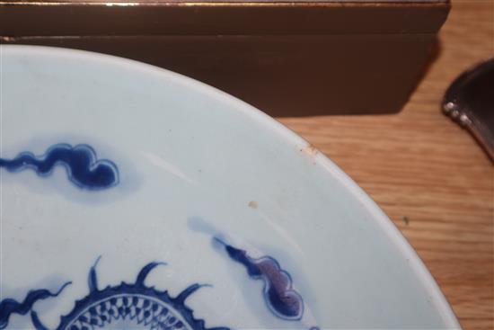 A Chinese blue and white dragon dish, Yongzheng period diameter 28cm